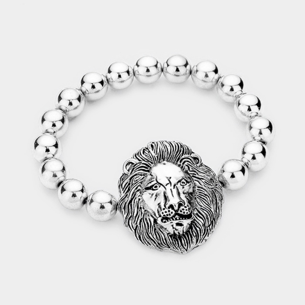 Silver Lionhead Metal Ball Beaded Pendant Bracelet